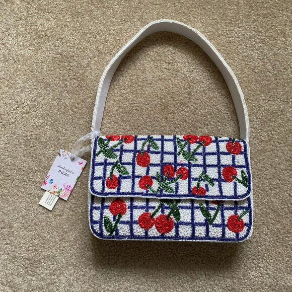 Handmade Handbags - Viral Cherry Beaded Shoulder Bag NWT Navy White Red Green Summer Purse Vacation